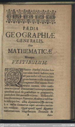 Paedia Geographiae Generalis, Sive Mathematicae Illiusque Vestibulum