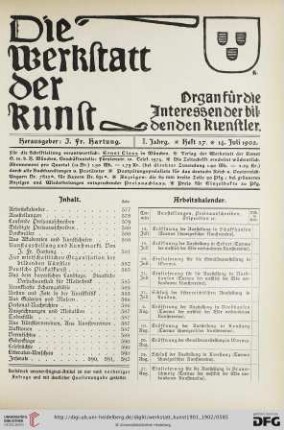 Inhalt / Arbeitskalender / Geplante Ausstellungen / Eröffnete Ausstellungen / Laufende Preisausschreiben / Erledigte Preisausschreiben / Geplante Denkmäler / Denkmals-Enthüllungen / Aus Akademien und Kunstschulen