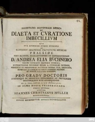 Dissertatio Inavgvralis Medica De Diaeta Et Cvratione Imbecillivm