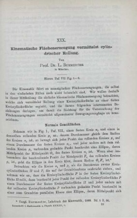 XIX. Kinematische Flächenerzeugung vermittelst cylindriseher Rollung.