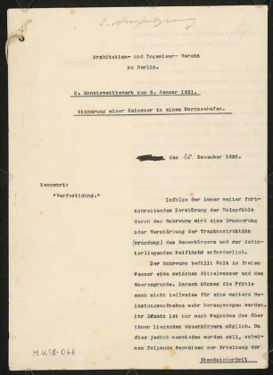 Kaimauerverstärkung in einem Nordseehafen Monatskonkurrenz Januar 1931: Erläuterungsbericht, 13 S.