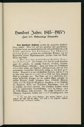 11-21, 2. Hundert Jahre, 1815-1915; zum 100. Geburtstag Bismarcks