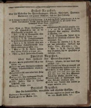 Erstes Register, über die Rubriken der Verordnungen, Edicte, Rescripte, Patente, Ausschreiben und gemeine Bescheide; nach der Zeit-Ordnung.