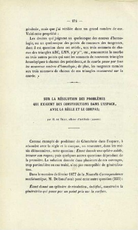 Sur la résolution des problèmes qui exigent des constructions dans l´espace, avec la règle et le compas.