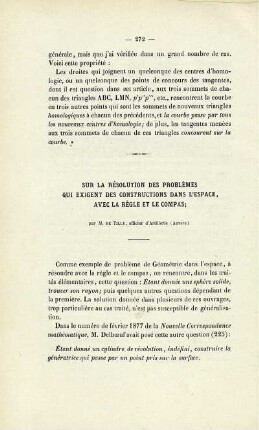 Sur la résolution des problèmes qui exigent des constructions dans l´espace, avec la règle et le compas.