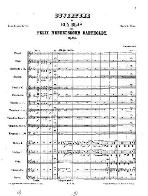Felix Mendelssohn-Bartholdys Werke, 2,14. Nr. 14, Ouverture zu Ruy Blas : op. 95 in C-m[oll]. - 38 S. - Pl.-Nr. M.B.14