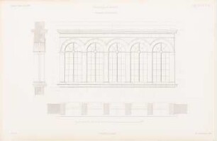 Gerichtshaus, Elberfeld: Fenstergruppe des Assisensaales: Ansicht, Schnitte (aus: Atlas zur Zeitschrift für Bauwesen, hrsg. v. G. Erbkam, Jg. 2, 1852)