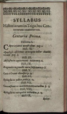 Syllabus Historiarum in Triga hac Centuriarum contentarum.