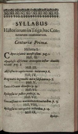 Syllabus Historiarum in Triga hac Centuriarum contentarum.