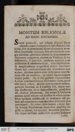 Monitum bibliopolae ad hanc editionem