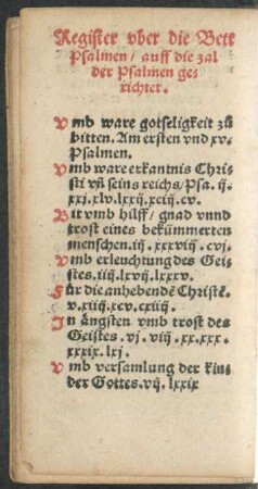 Register uber die Bett Psalmen/ auff die zal der Psalmen gerichtet.