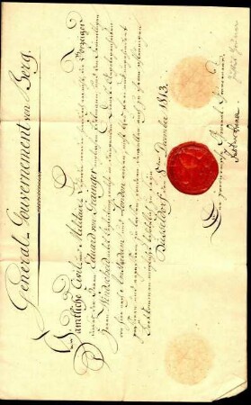5-10-7-5.0000: Gruner, Justus; diverse Schreiben ff.: Passierschein für die Herren von Grainger und Windscheid mit eigenhändiger Unterschrift Gruners