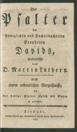 Der Psalter des Königlichen und Hocherleuchteten Propheten Davids