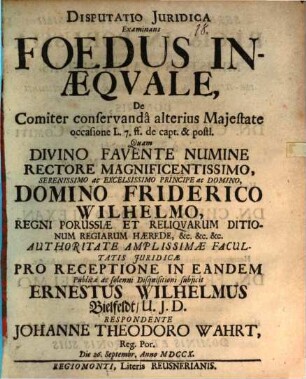 Disp. iur. examinans foedus inaequale, de comiter conservanda alterius maiestate