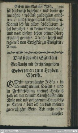 Das siebende Gärtlein. Gepflantzt mit Hertztringenden Gebetteren zum Leyden Christi