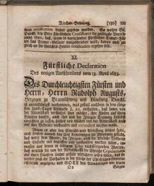 XI. Fürstliche Declaration Des vorigen Ausschreibens vom 13. April 1683. - XXII. Fürstliche Verordnung, die Beforderung der Closter-Colleagiaten zum Predigt-Amt betreffend.