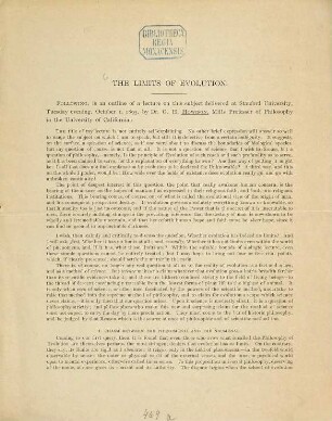 The limits of evolution : Following is an outline of a lecture on this subject delivered at Stanford University. Tuesday evening October 1. 1895