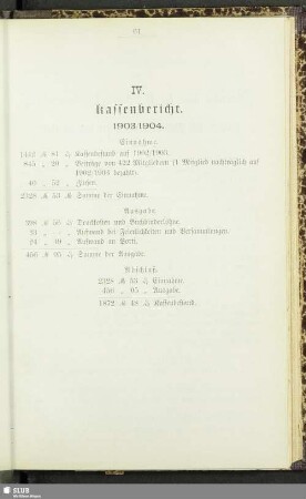 IV. Kassenbericht 1903/04