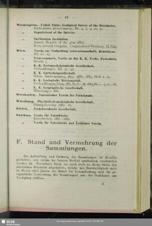 F. Stand und Vermehrung der Sammlungen