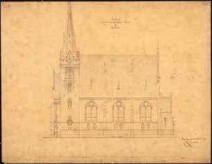 Evangelische Kirche, Modlau Wiederaufbau. 1. Projekt: Aufriss Südseite, Maßstabsleisten (Meter und Fuß)