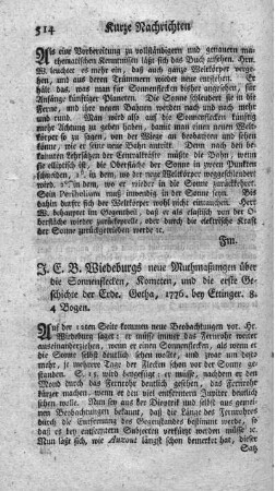 Neue Muthmaßungen über die Sonnenflecken, Kometen und die erste Geschichte der Erde.