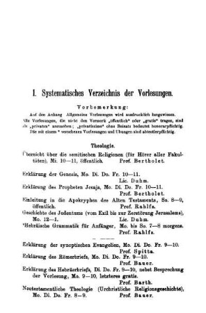 I. Systematisches Verzeichnis der Vorlesungen