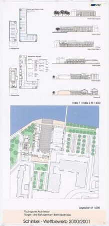 Bürger- und Kulturzentrum »Spandauer Eck«, Berlin-Spandau Schinkelwettbewerb 2001: Lageplan, Grundrisse, Ansichten, Schnitte 1:500