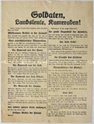 Flugblatt zur Begrüßung der heimkehrenden Soldaten in Bayern
