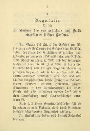 II. Regulativ für die Untersuchung des von außerhalb nach Berlin eingeführten frischen Fleisches