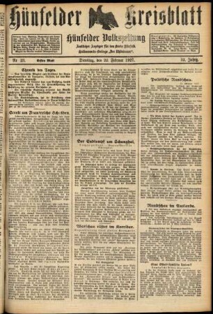 Erste Ausgabe vom Dienstag, den 22. Februar 1927.