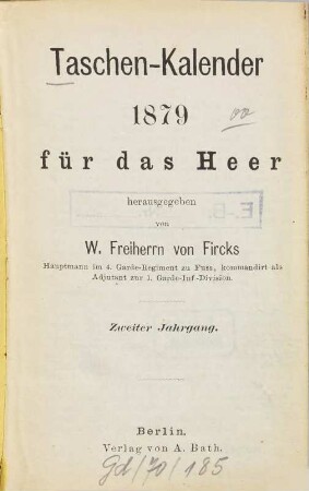 Taschen-Kalender für das Heer. 1879 = Jg. 2