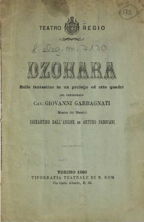 Dzohara : ballo fantastico in un prologo ed otto quadri ; Teatro Regio di Torino, carnevale - quaresima 1880 - 81