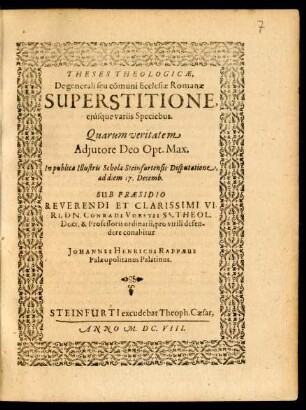 Theses Theologicae, De generali seu communi Ecclesiae Romanae Superstitione, eiusque variis Speciebus