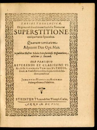 Theses Theologicae, De generali seu communi Ecclesiae Romanae Superstitione, eiusque variis Speciebus