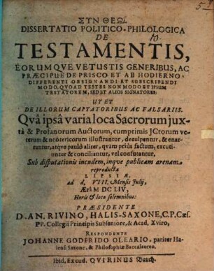 Diss. ... de testamentis, eorumque vetustis generibus