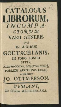 Catalogus Librorum, Incompactorvm Varii Generis