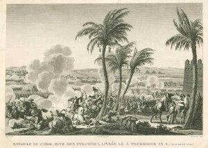 Schlacht bei Kairo am 21.07.1798: türkische Kavallerie vor französischer Infanterie General Napoleon Bonapartes zurückweichend, bildmittig Kampfhandlungen, im Vordergrund gefallene Soldaten, Hintergrund Kairo und Pyramiden