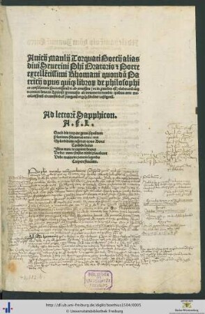 Anicij Manlij Torquati Boecij alias diui Seuerini Philij Oratoris et Poete excellentissimi Rhomani quondam Patricij opus quinque librorum de philosophica consolatione spectatissimum et ad amussim ... elaboratum iamque recentiori lima in Lipsensi gymnasio ab innumeris mendis quibus ante maculatissimum circumferebatur purgatum et perquam fideliter castigatum ...