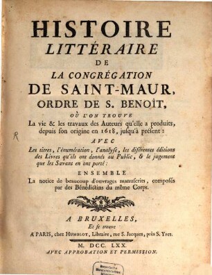 Histoire littéraire de la Congrégation de Saint-Maur