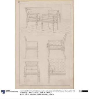 Vorzeichnung für die Vorbilder für Fabrikanten und Handwerker. Teil 2, Abteilung 2, Blatt 15: Entwurf für einen Armlehstuhl und ein Sofa für die Wohnung des Prinzen Wilhelm von Preußen im Generalkommando (Hellblaues Zimmer)