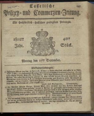 40tes Stueck, Montag den 27ten September 1802