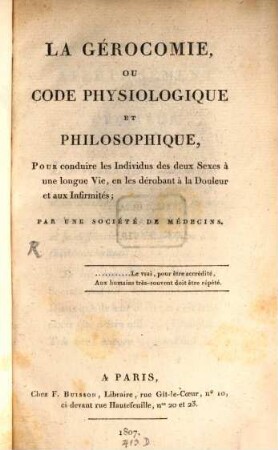 La Gérocomie ou Code physiologique et philosophique