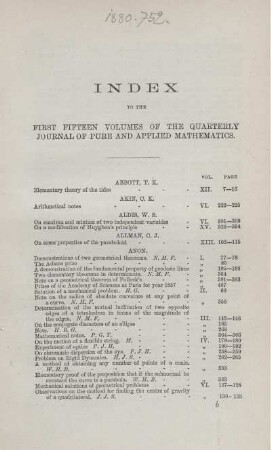 Index to the first fifteen volumes of the quarterly journal of pure and applied mathematics.