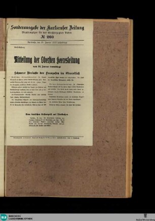 Karlsruher Zeitung, Sonderausgabe No. 260, Mitteilung der Obersten Heeresleitung vom 25. Januar 1915