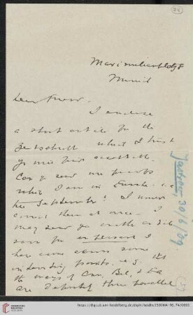 Briefe von Morris Jastrow an Carl Bezold: Brief von Morris Jastrow an Carl Bezold