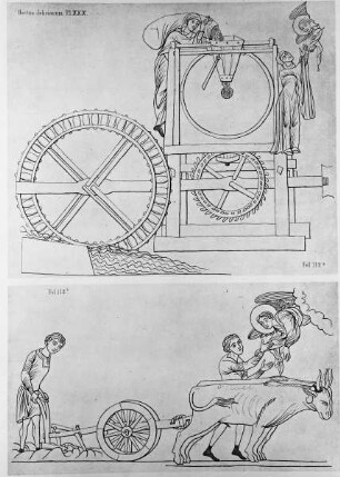 Hortus deliciarum — Zwei Frauen in der Mühle (oben), Männer beim Pflügen (unten), Folio 112 recto & 112verso