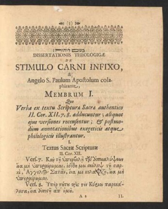 Dissertationis Theologigae De Stimulo Carni Infixo, & Angelo S. Paulum Apostolum colaphizante ...