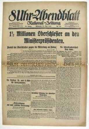 Berliner Tageszeitung "8Uhr-Abendblatt" zu Protesten gegen die Abtretung deutscher Gebiete in Oberschlesien an Polen
