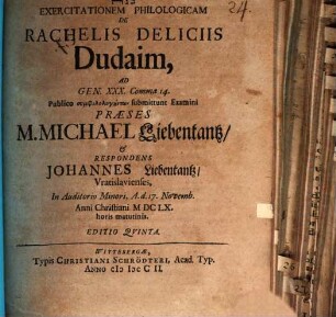 Exercitatio philol. de Rachelis deliciis Dudaim, ad Genes. 30, 14.