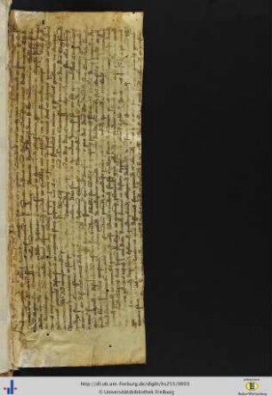 [Freistehender vorderer Spiegel] Fragment einer lateinischen Pergamenturkunde des 1. Drittels des 15. Jhs (Notariatsinstrument).